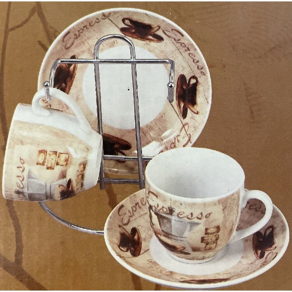 D'Lusso Home Collection China Café Design Espresso Demitasse Cups Saucers Stand